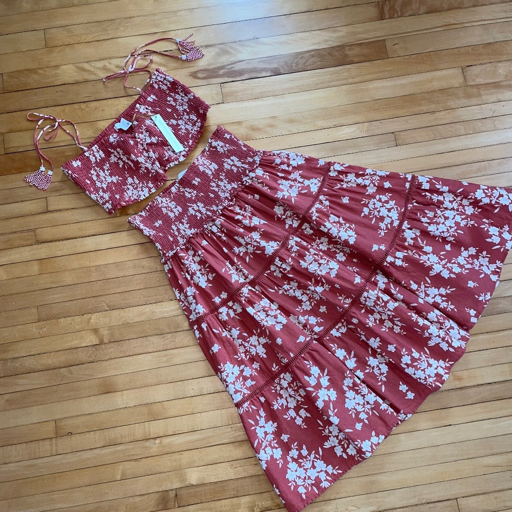 HOUSE OF HARLOW 1960 NWT Linen Set Skirt and Top Smocked Midi Beach Festival